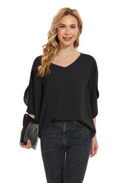 Women's Short Sleeve Loose Chiffon Blouses in Black