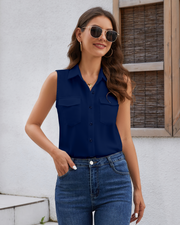 Women's Sleeveless Button Down Shirts Blouses Solid Casual Tank Top Loose V Neck Summer Top for Work