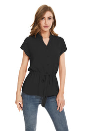 Womens Fashion Button Down Shirt Short Sleeve Blouses in Black