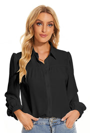 Women's Pleated Long Sleeve Chiffon Blouses in Black