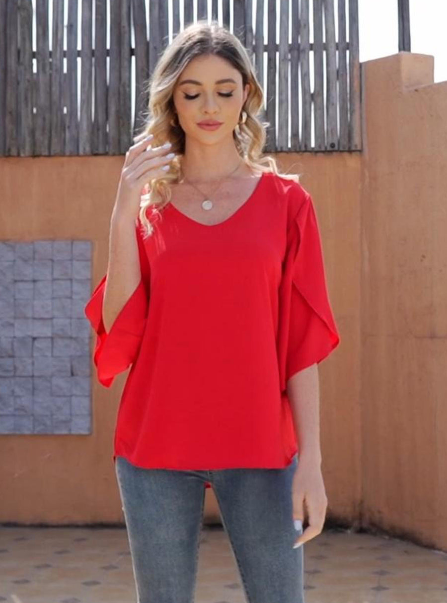 Women's Short Sleeve Button Down Loose Chiffon Blouses in Red