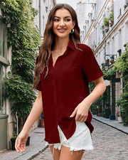 Blouse for Women Button Down Shirt V Neck Women Short Sleeve Tops Chiffon Work Office Blouse with Pocket