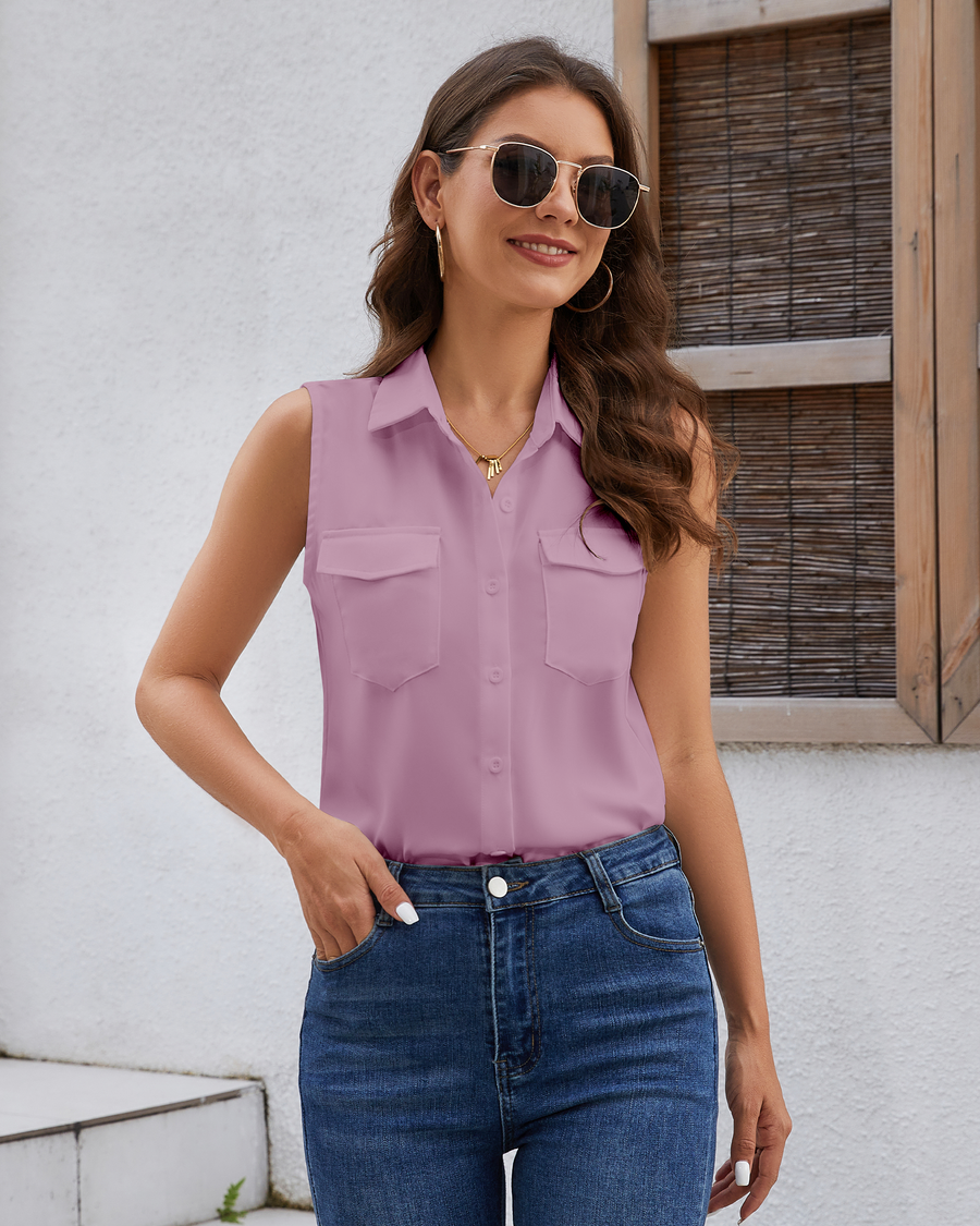 Women's Sleeveless Button Down Shirts Blouses Solid Casual Tank Top Loose V Neck Summer Top for Work