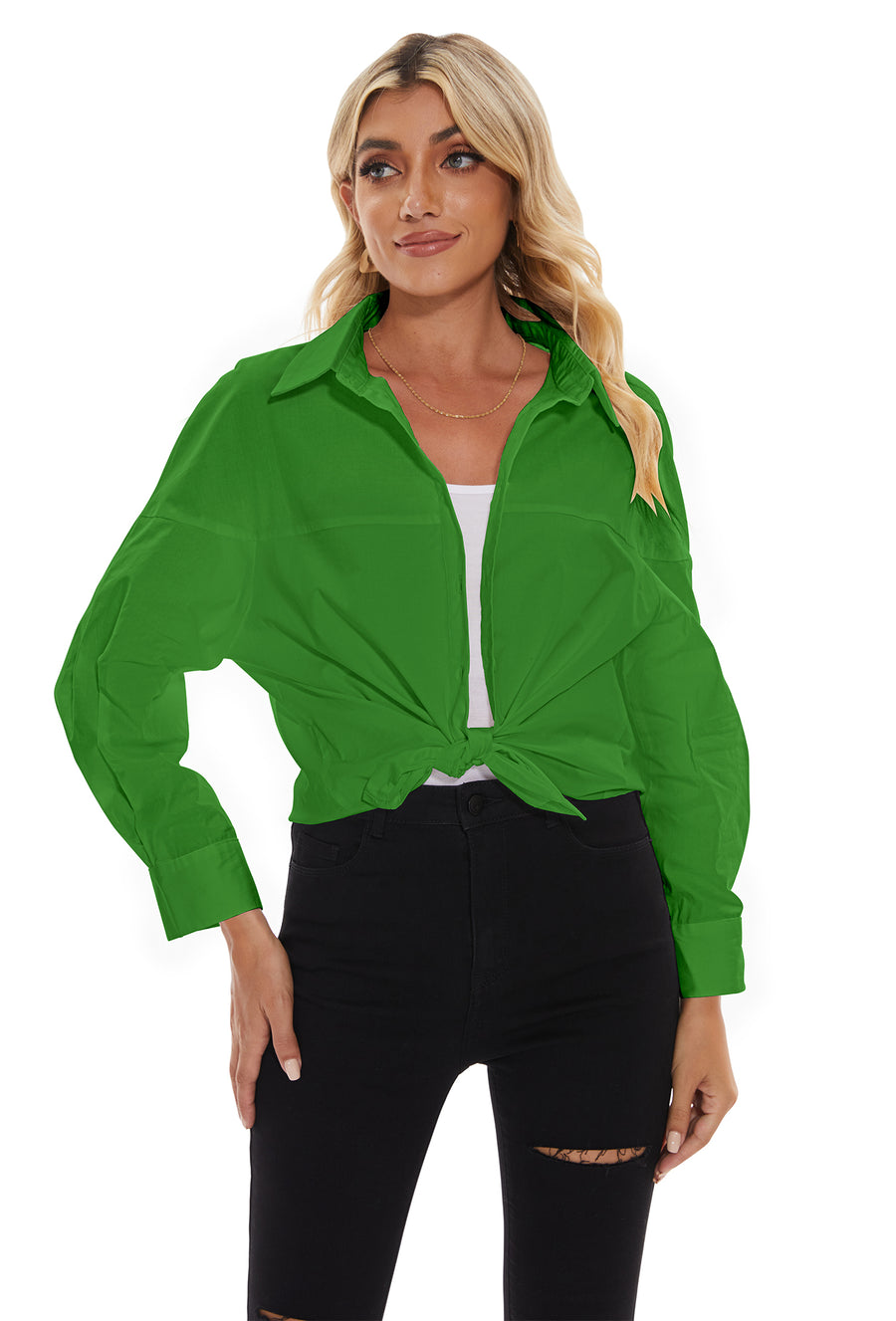 Women's lapel long sleeves Button Down Shirt in Green