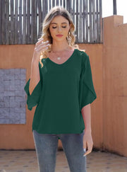 Women's Short Sleeve Button Down Loose Chiffon Blouses in Forest Green