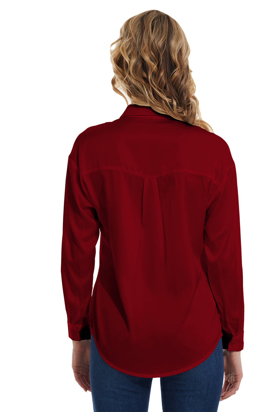 Womens Satin Solid Blouse Long Sleeve Work Casual Button Down Shirts in Red