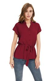 Womens Fashion Button Down Shirt Short Sleeve Blouses in Red