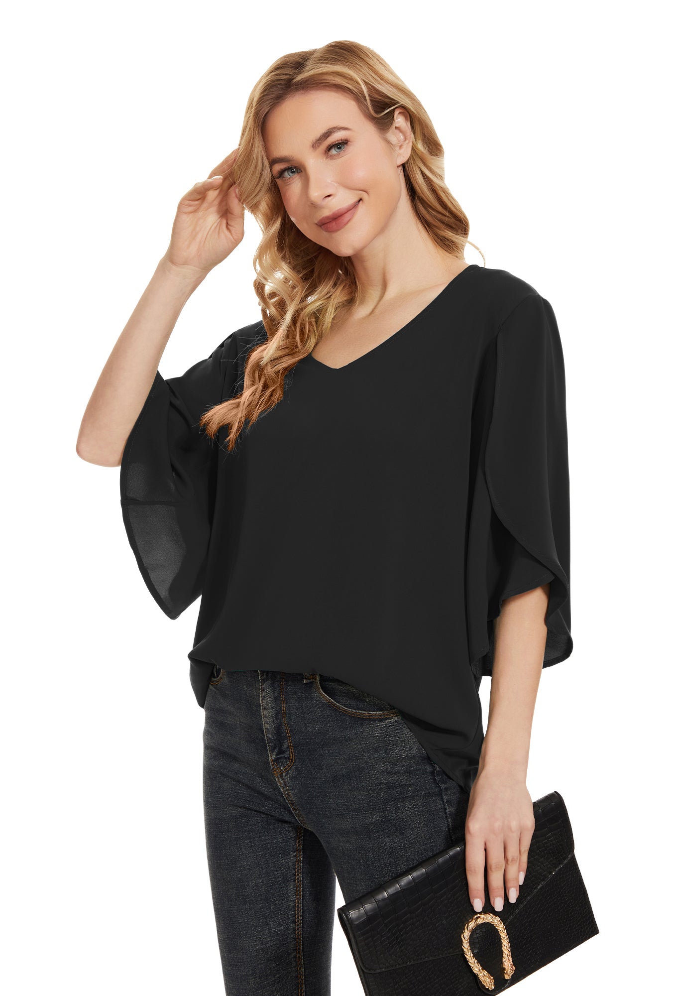 Women's Short Sleeve Loose Chiffon Blouses in Black