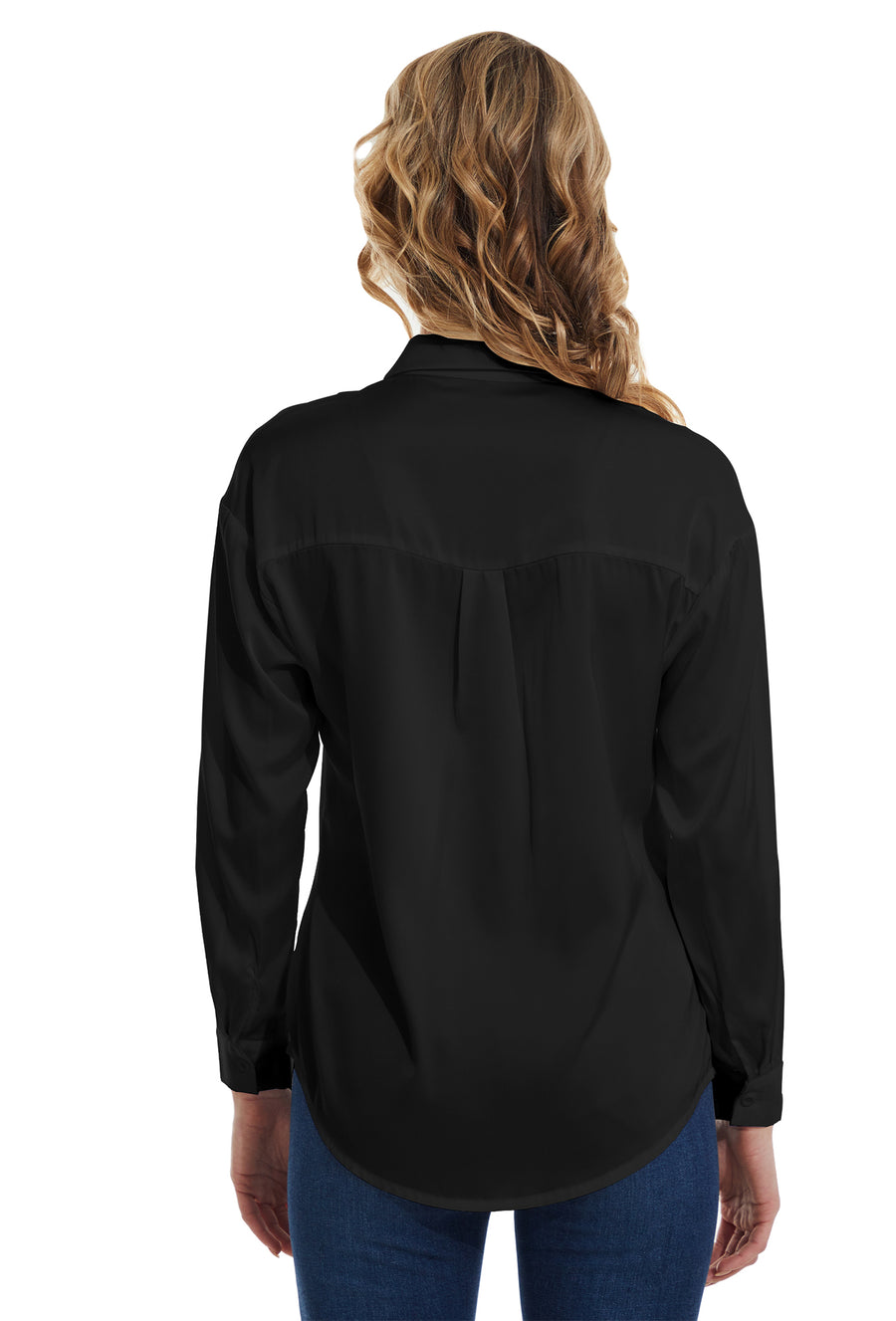 Womens Satin Solid Blouse Long Sleeve Work Casual Button Down Shirts in Black