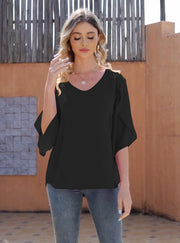 Women's Short Sleeve Loose Chiffon Blouses in Black