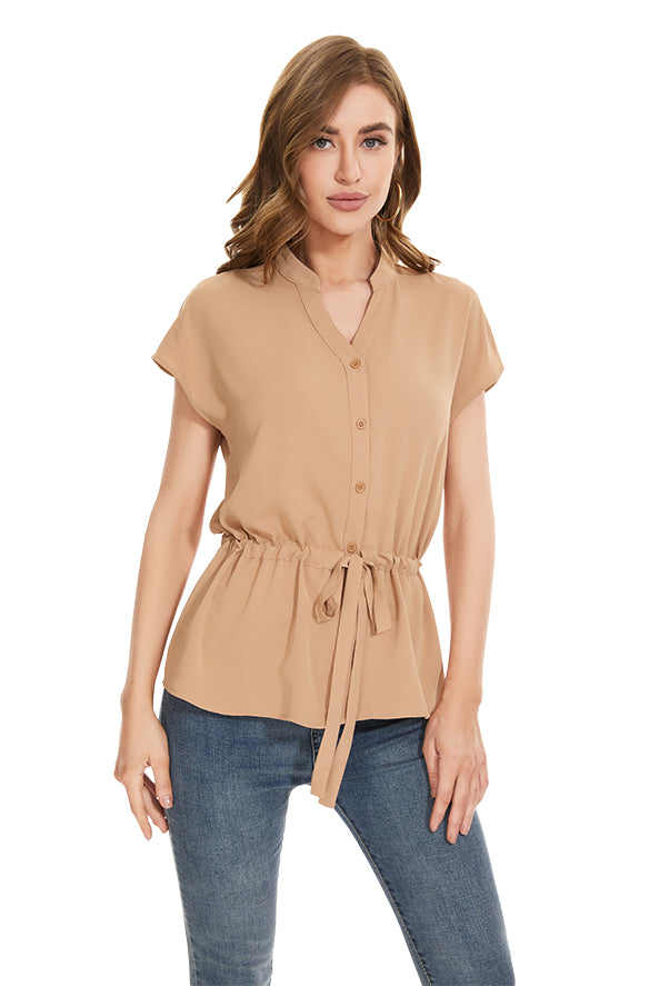 Womens Fashion Button Down Shirt Short Sleeve Blouses in Khaki