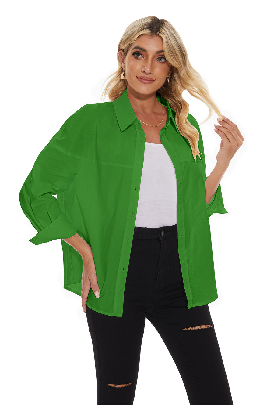 Women's lapel long sleeves Button Down Shirt in Green