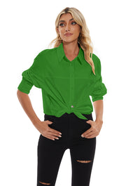 Women's lapel long sleeves Button Down Shirt in Green