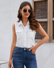 Women's Sleeveless Button Down Shirts Blouses Solid Casual Tank Top Loose V Neck Summer Top for Work