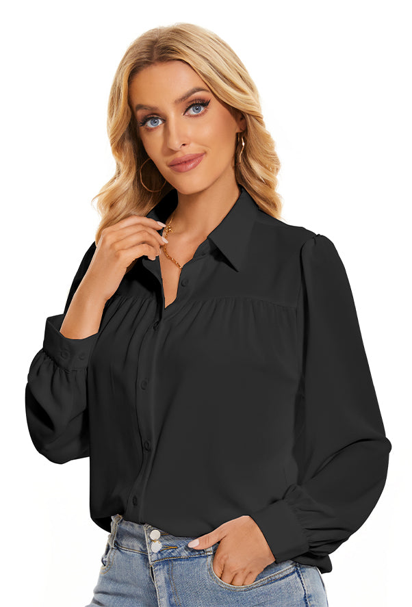 Women's Pleated Long Sleeve Chiffon Blouses in Black