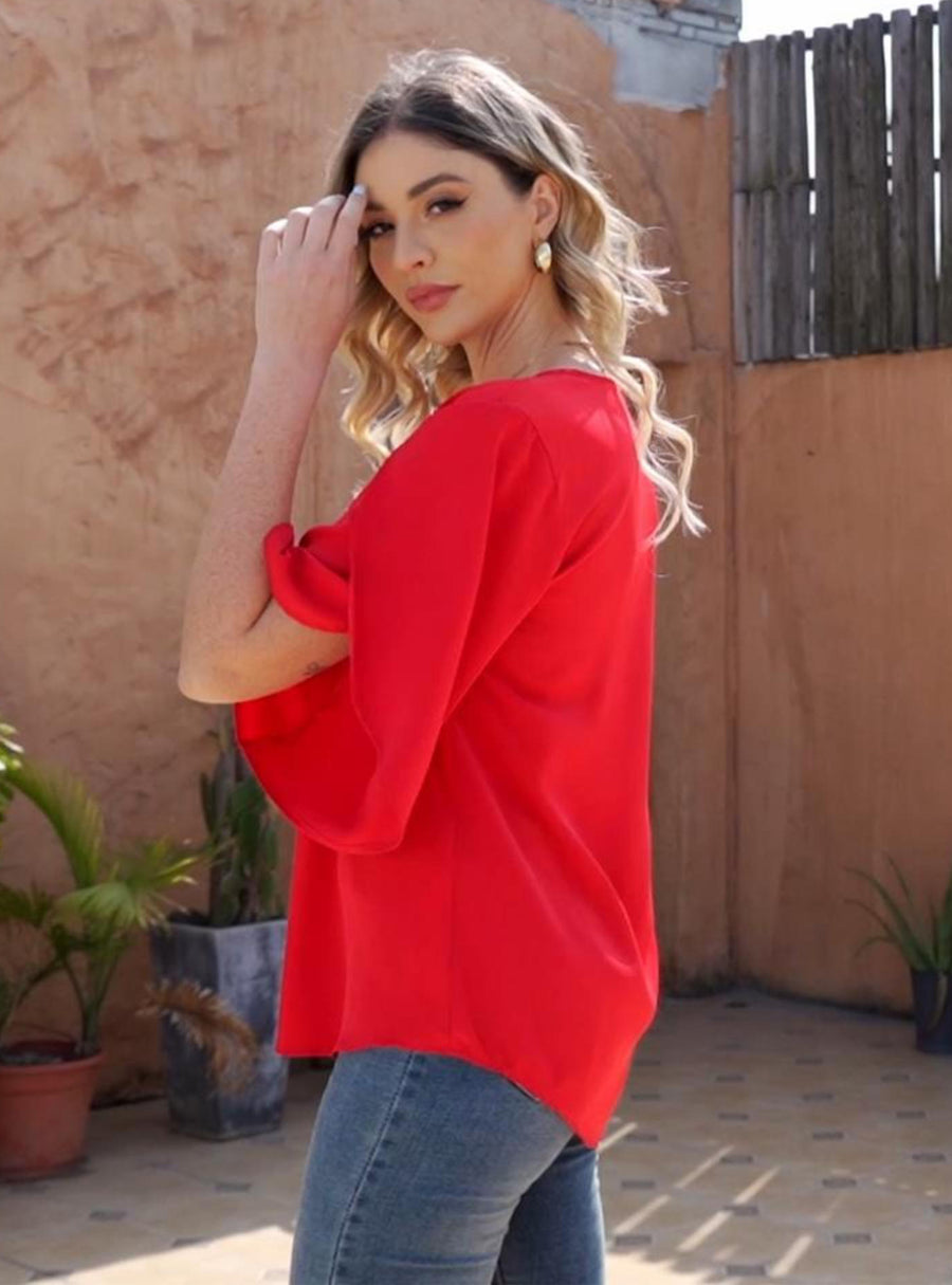 Women's Short Sleeve Button Down Loose Chiffon Blouses in Red