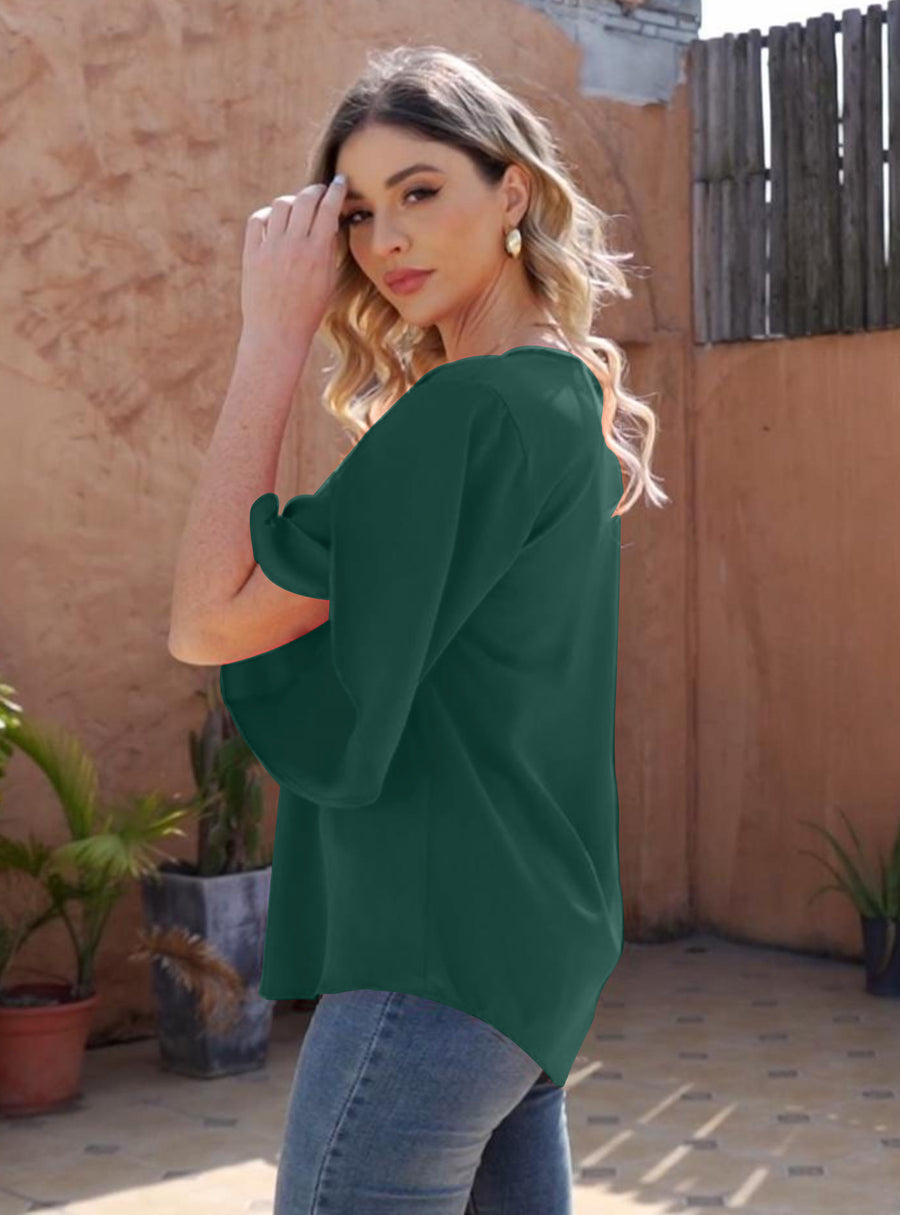 Women's Short Sleeve Button Down Loose Chiffon Blouses in Forest Green