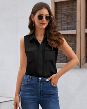 Women's Sleeveless Button Down Shirts Blouses Solid Casual Tank Top Loose V Neck Summer Top for Work