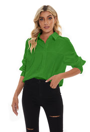 Women's lapel long sleeves Button Down Shirt in Green