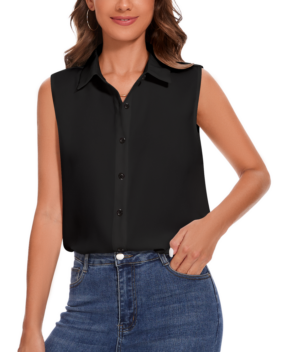 Womens Sleeveless Button Down Shirt Classic Collared Blouse Basic Tank Tops Work Office Chiffon Tops