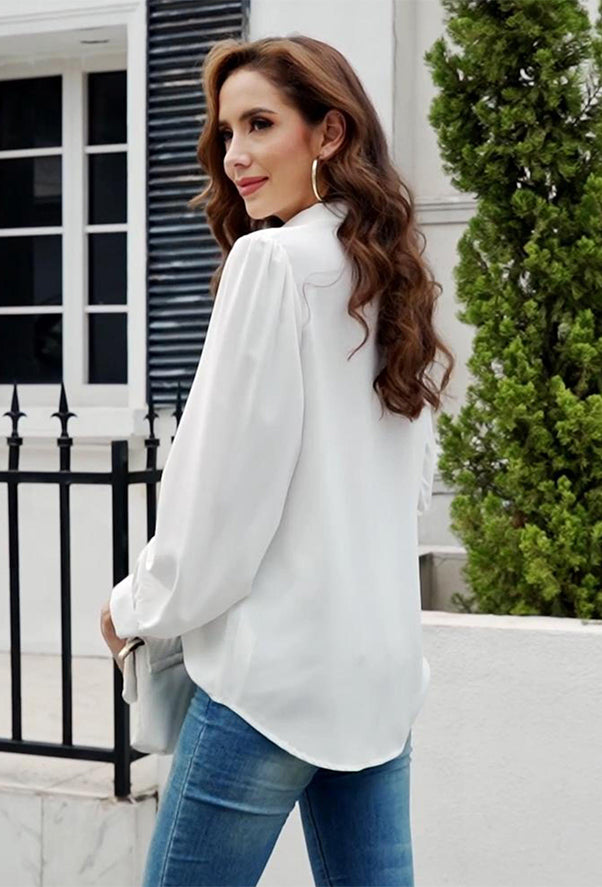 Women's Pleated Long Sleeve Chiffon Blouses in White