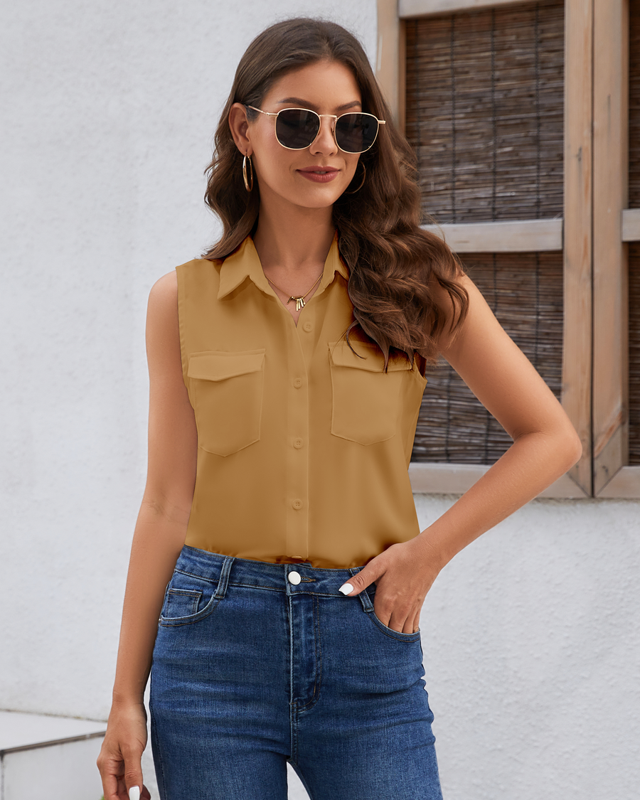 Women's Sleeveless Button Down Shirts Blouses Solid Casual Tank Top Loose V Neck Summer Top for Work