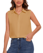 Womens Sleeveless Button Down Shirt Classic Collared Blouse Basic Tank Tops Work Office Chiffon Tops