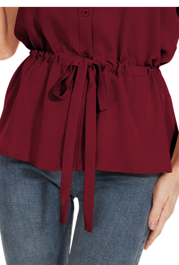 Womens Fashion Button Down Shirt Short Sleeve Blouses in Red