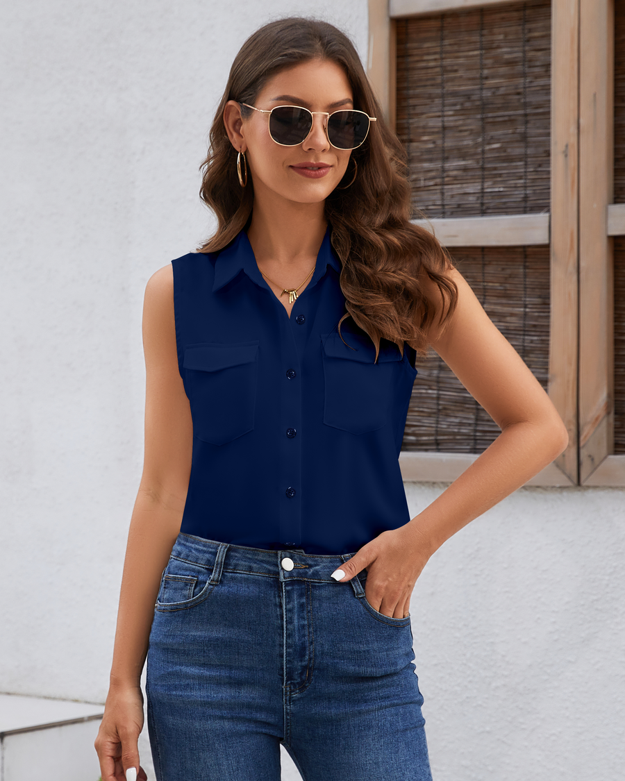 Women's Sleeveless Button Down Shirts Blouses Solid Casual Tank Top Loose V Neck Summer Top for Work