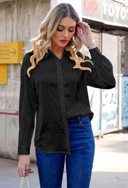 Womens Satin Solid Blouse Long Sleeve Work Casual Button Down Shirts in Black