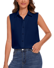 Womens Sleeveless Button Down Shirt Classic Collared Blouse Basic Tank Tops Work Office Chiffon Tops