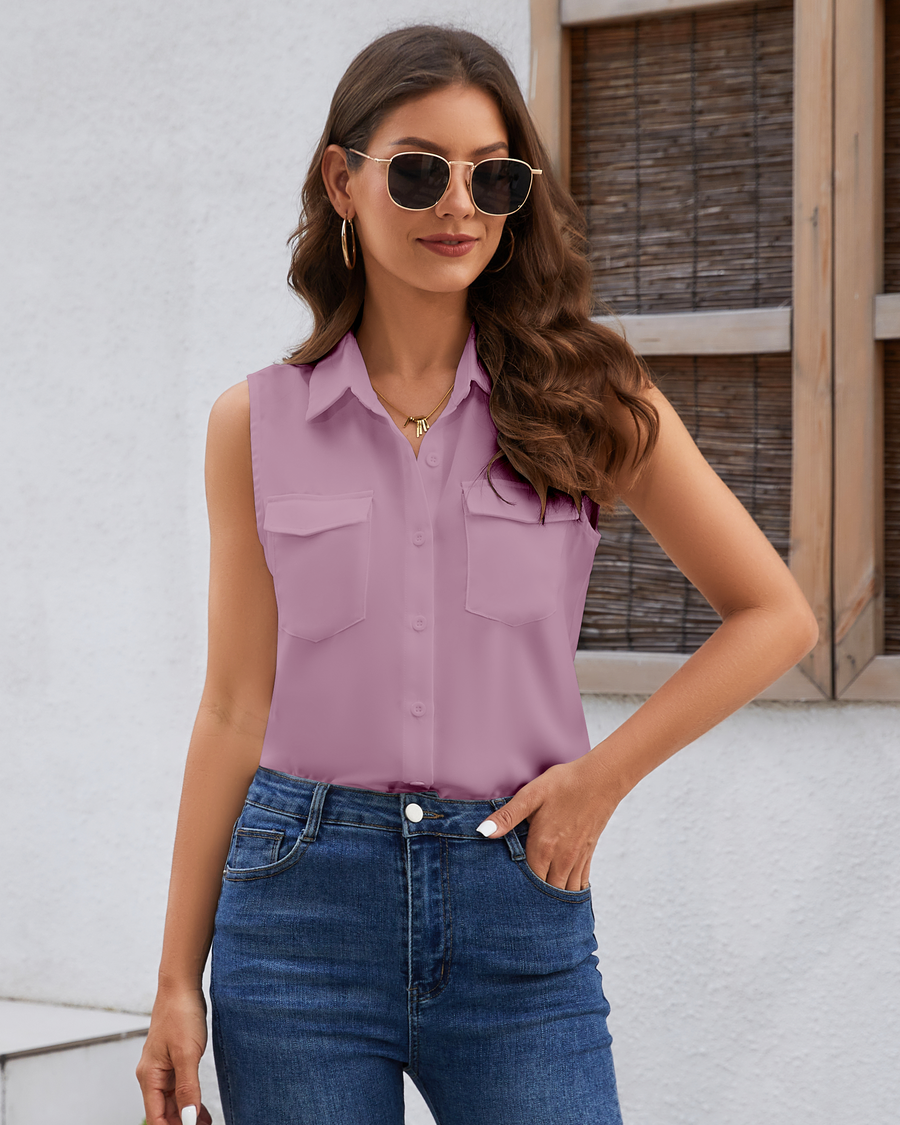 Women's Sleeveless Button Down Shirts Blouses Solid Casual Tank Top Loose V Neck Summer Top for Work