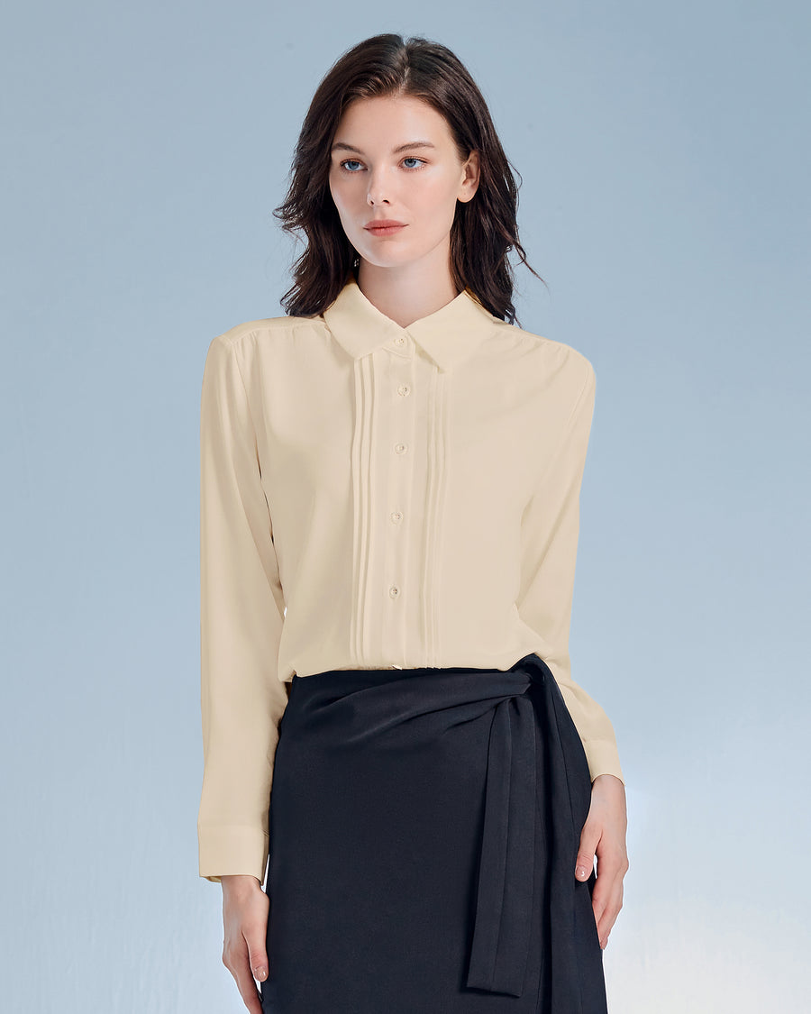 Womens Button Down Shirts Long Sleeve Casual Chiffon Blouses Loose Pleated Collared Work Office Tops