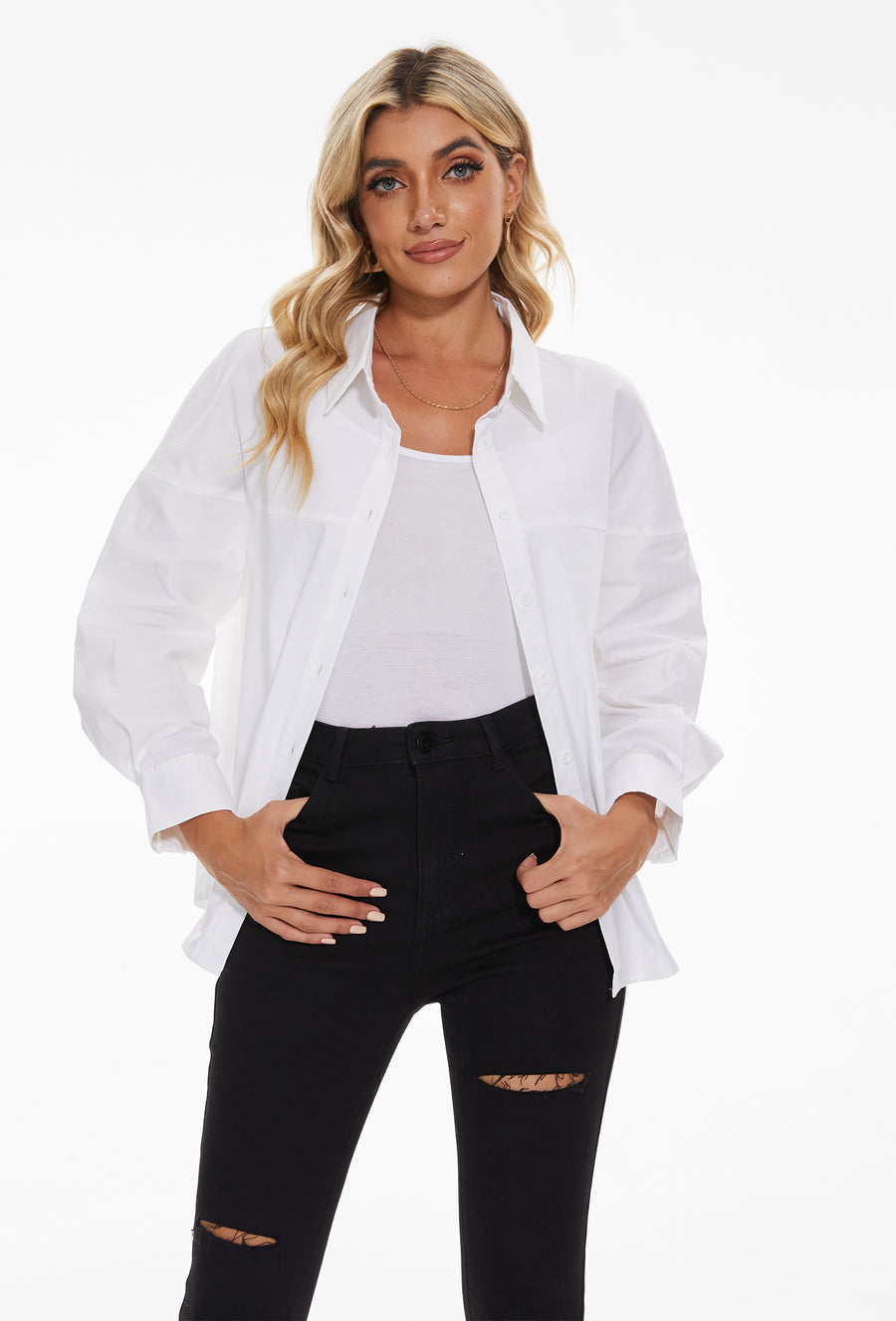 Women's lapel long sleeves Button Down Shirt in White