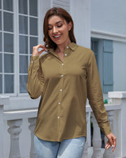 Cotton Linen Women's Button Down Shirts Long Sleeve V Neck Collared Shirt Loose Fit Casual Work Blouse Top