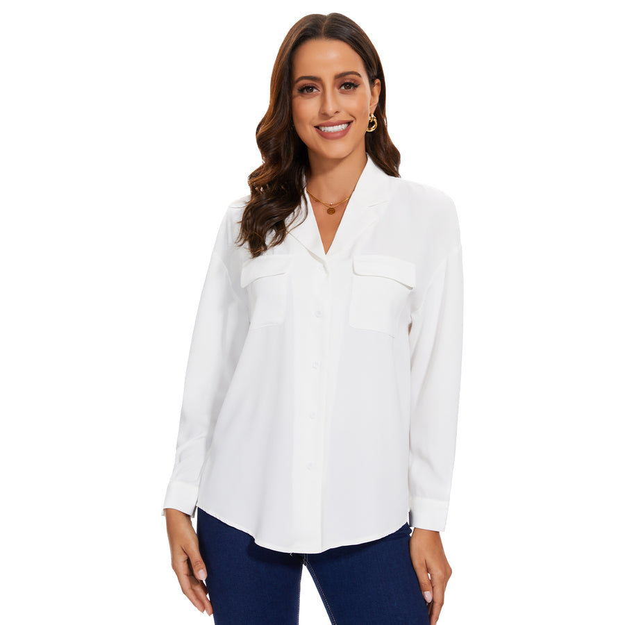 Womens Blouse & Button-Down Shirt with Pockets in White