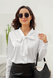 Women‘s Long Sleeve Bow Tie Neck Satin Solid Blouse in White