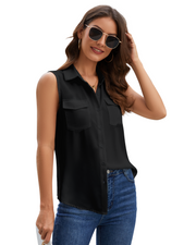 Women's Sleeveless Button Down Shirts Blouses Solid Casual Tank Top Loose V Neck Summer Top for Work