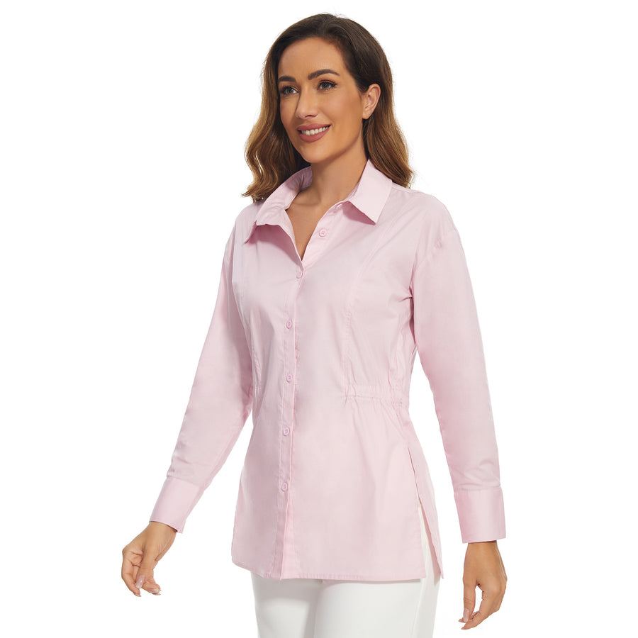 Women's Stretch Long Sleeve Button Down Collared Loose Fit in Pink