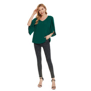 Women's Short Sleeve Button Down Loose Chiffon Blouses in Forest Green