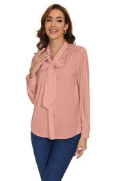 Women‘s Long Sleeve Bow Tie Neck Satin Solid Blouse in Pink