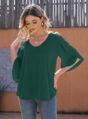 Women's Short Sleeve Button Down Loose Chiffon Blouses in Forest Green