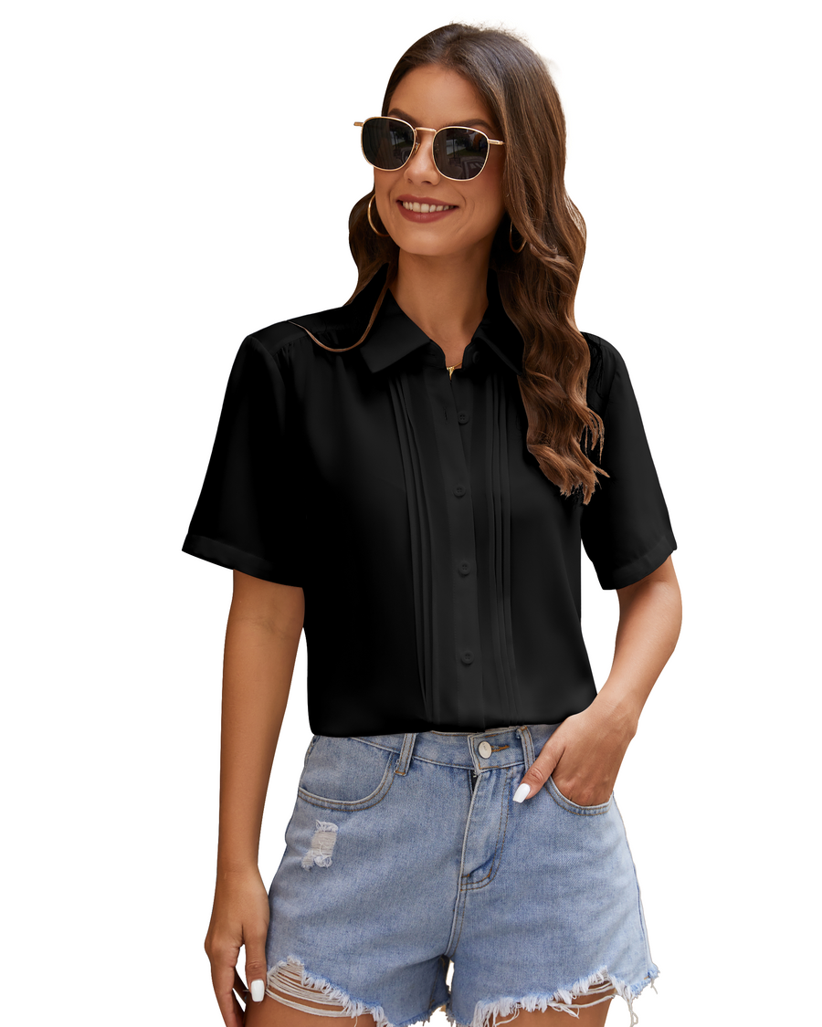 Womens Button Down Shirts Long Sleeve Casual Chiffon Blouses Loose Pleated Collared Work Office Tops