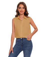 Womens Sleeveless Button Down Shirt Classic Collared Blouse Basic Tank Tops Work Office Chiffon Tops