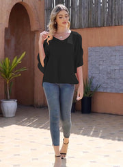 Women's Short Sleeve Loose Chiffon Blouses in Black