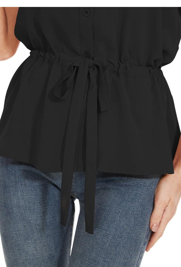 Womens Fashion Button Down Shirt Short Sleeve Blouses in Black