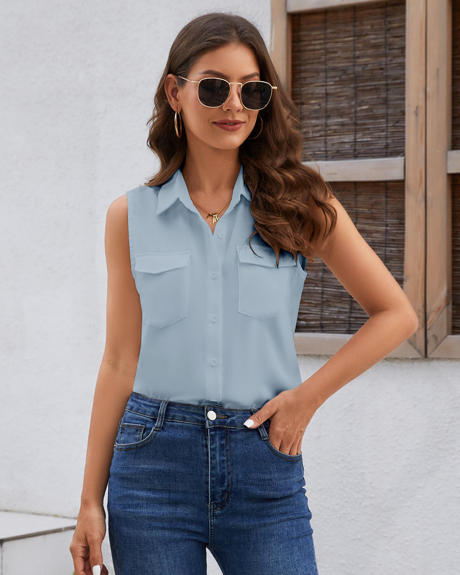 Women's Sleeveless Button Down Shirts Blouses Solid Casual Tank Top Loose V Neck Summer Top for Work