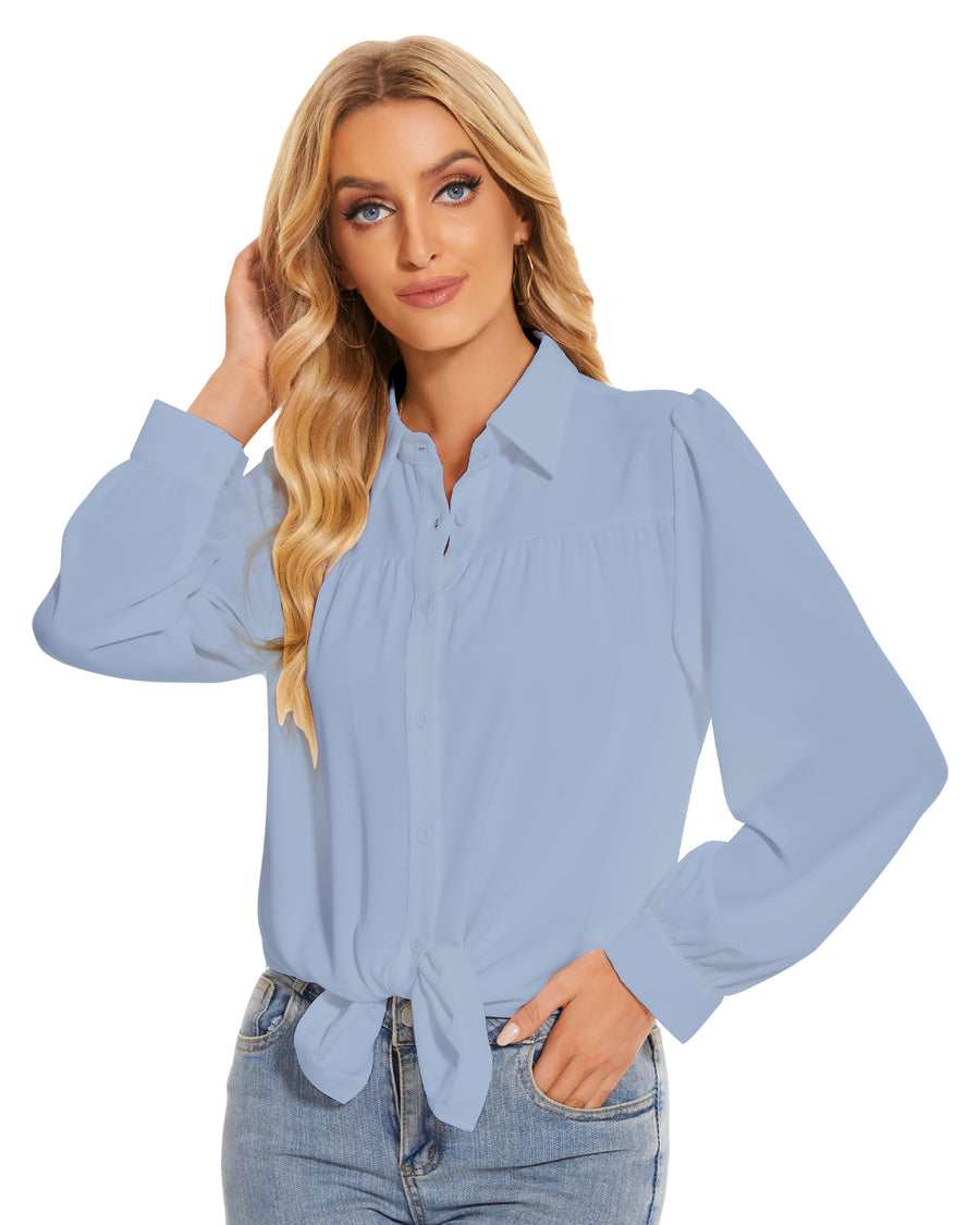 Womens Long Sleeve Bow Tie Neck Button Down Shirts in Blue