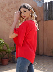 Women's Short Sleeve Button Down Loose Chiffon Blouses in Red