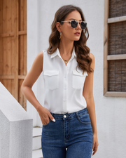 Women's Sleeveless Button Down Shirts Blouses Solid Casual Tank Top Loose V Neck Summer Top for Work